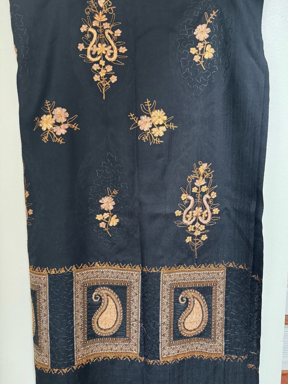 Embroidered Black Floral Border full size pure wool shawl